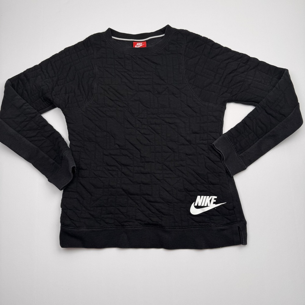 Nike Sweatshirt Youth Large Black Geometric Quilted Crewneck Swoosh Logo